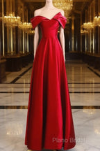 Red Satin Off Shoulder Sweetheart Long Party Dresses, Red Satin Formal Prom Dresses
