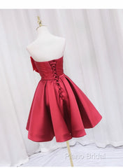 Red Satin Short Formal Prom Dresses Party Dresses, Lovely Red Knee Length Homecoming Dresses
