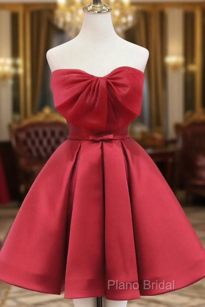 Red Satin Short Formal Prom Dresses Party Dresses, Lovely Red Knee Length Homecoming Dresses Main image