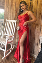 Red Satin Spaghetti Straps Prom Dress with Ruffles