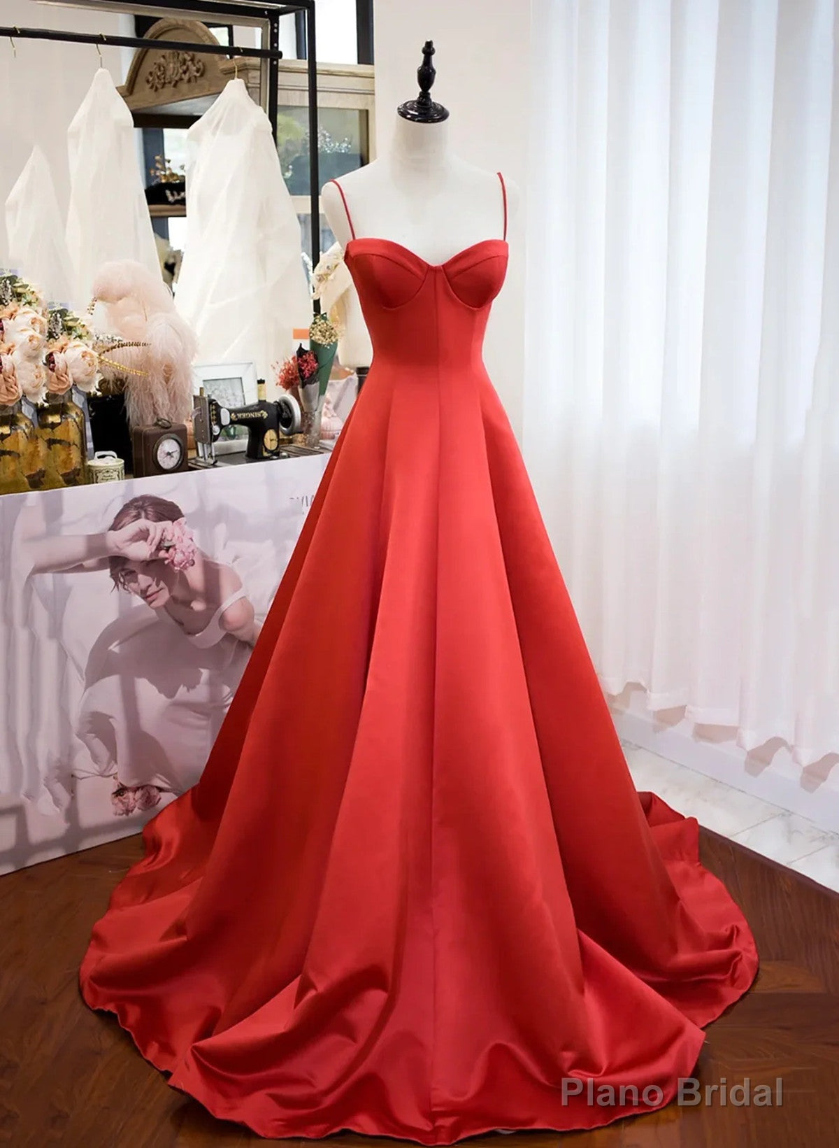 Red Satin Sweetheart Long Formal Dress, Red Satin Straps Prom Dress Main image