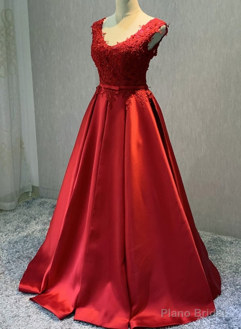 Red Satin V-neckline Floor Length Prom Dress, Backless Red Party Dress Secondary image
