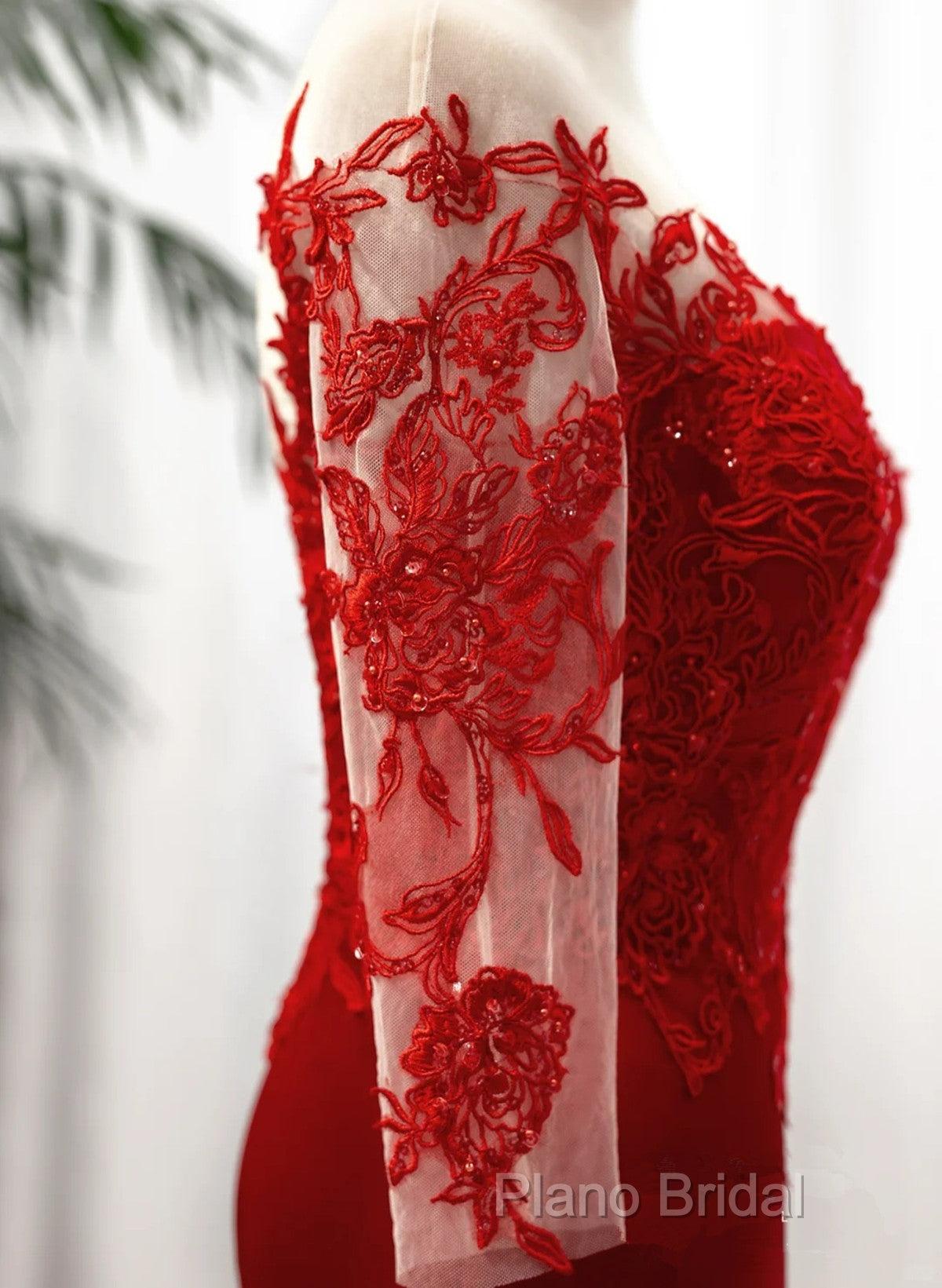 Red Satin With Lace Round Neckline Party Dresses, Red Satin Formal Dresses Secondary image