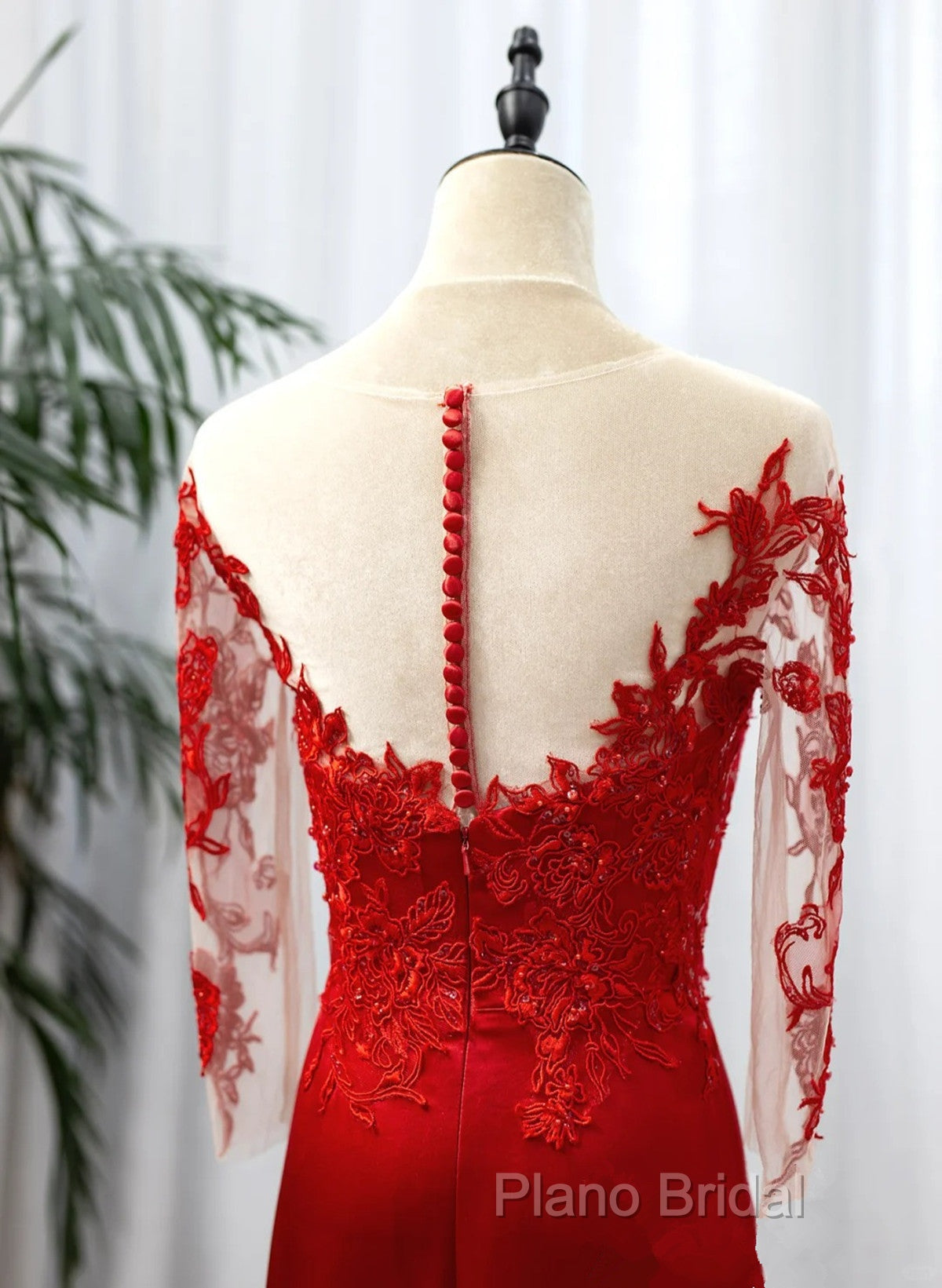 Red Satin With Lace Round Neckline Party Dresses, Red Satin Formal Dresses