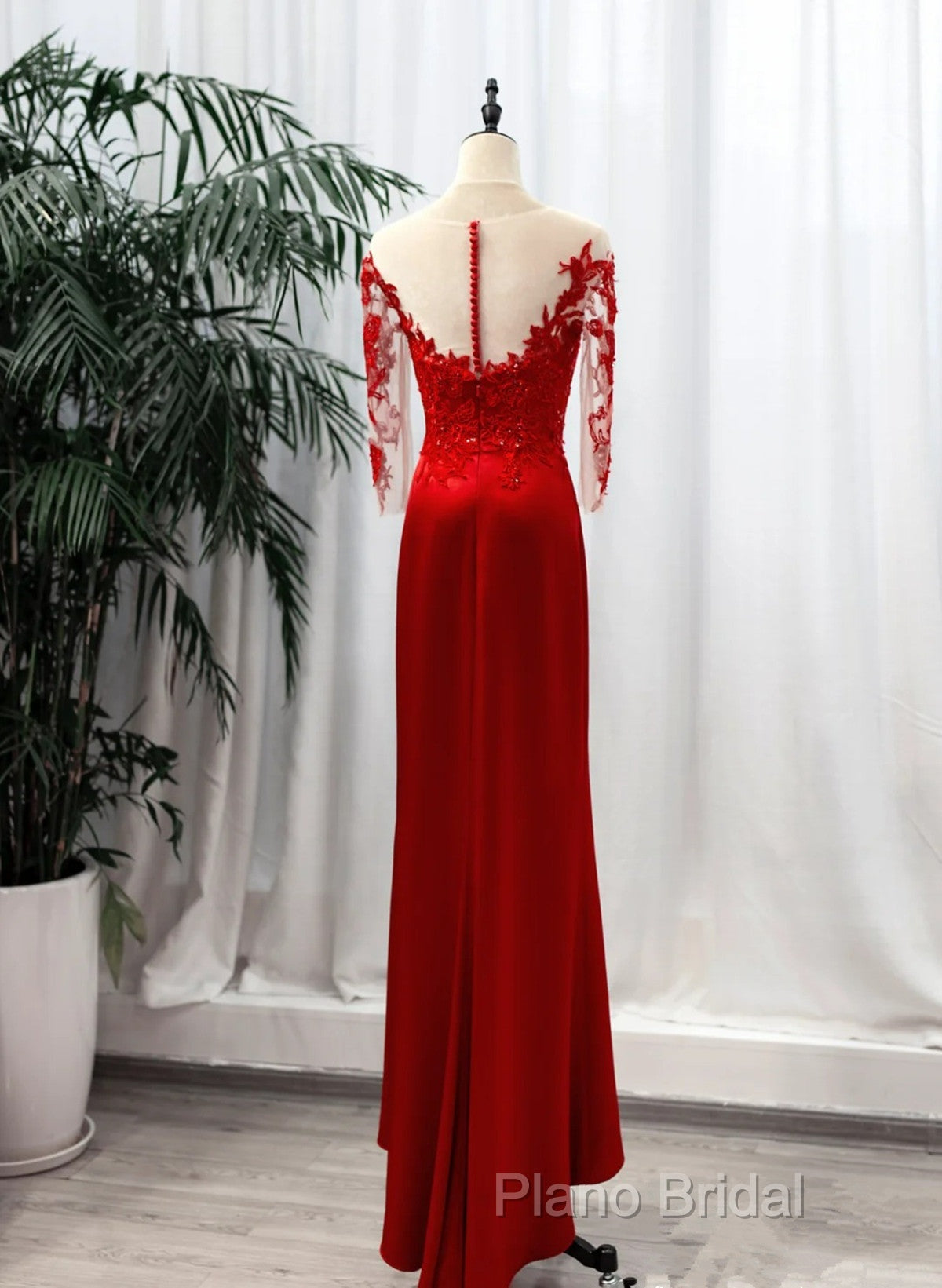 Red Satin With Lace Round Neckline Party Dresses, Red Satin Formal Dresses