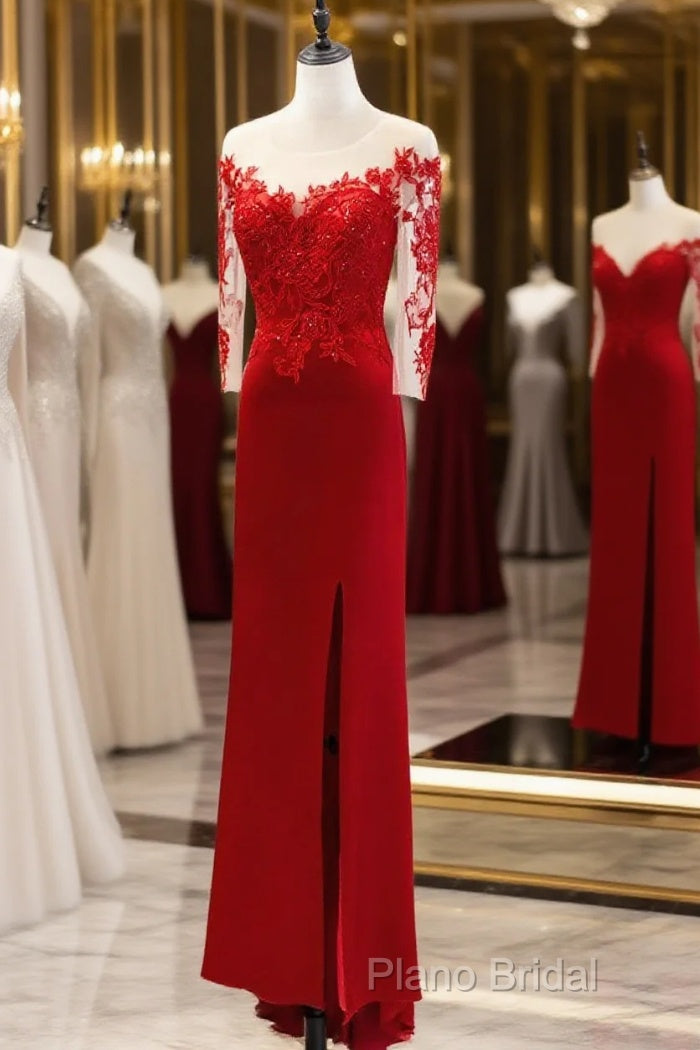 Red Satin With Lace Round Neckline Party Dresses, Red Satin Formal Dresses Main image