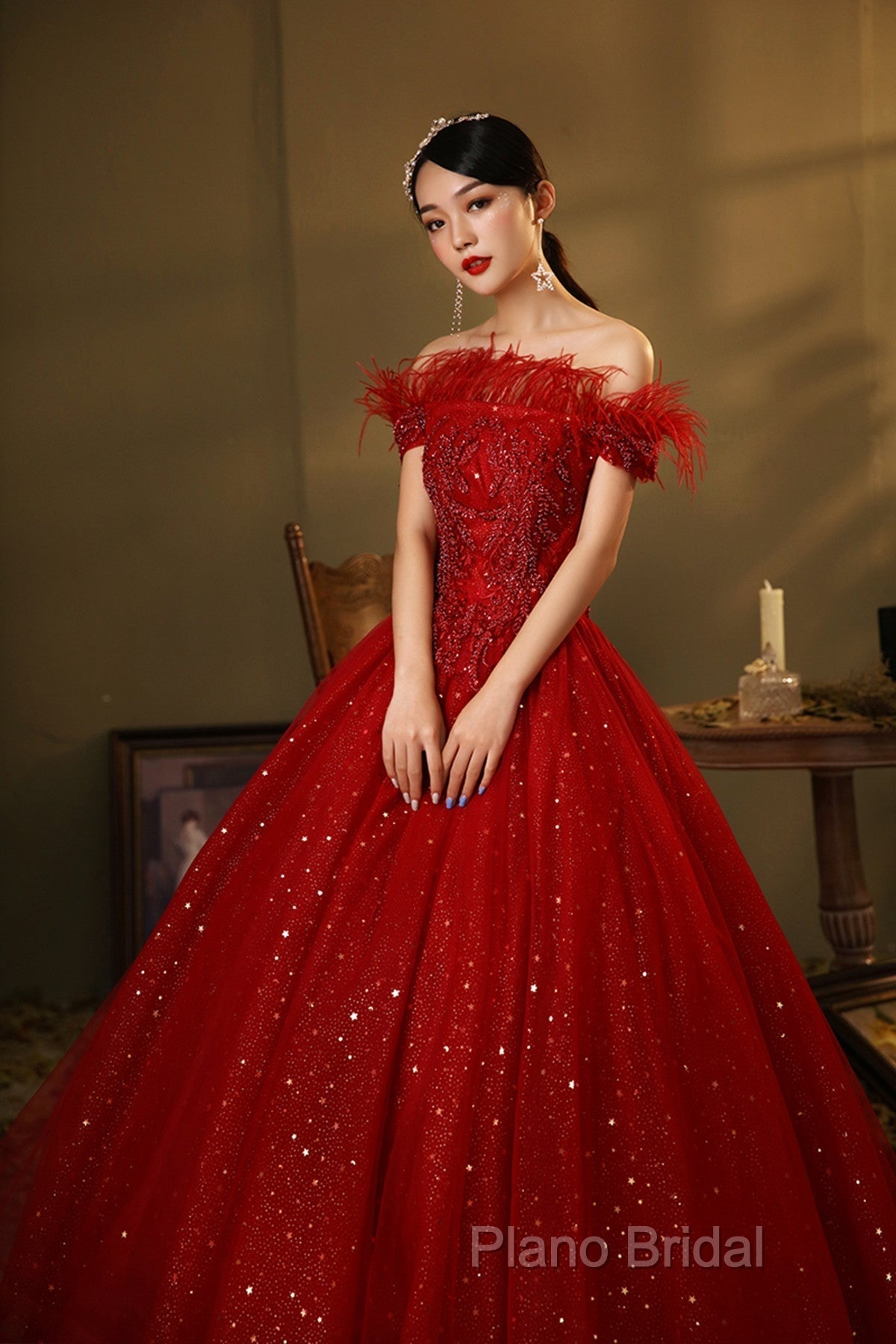 Red Scoop Ball Gown Shiny Tulle Off Shoulder Party Dresses, Red Sweet 16 Dresses Formal Dresses Secondary image