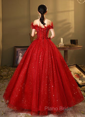 Red Scoop Ball Gown Shiny Tulle Off Shoulder Party Dresses, Red Sweet 16 Dresses Formal Dresses