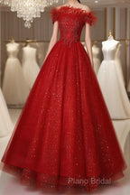 Red Scoop Ball Gown Shiny Tulle Off Shoulder Party Dresses, Red Sweet 16 Dresses Formal Dresses