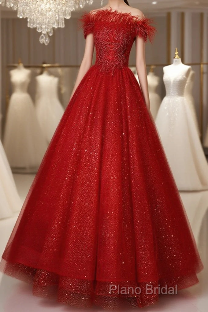 Red Scoop Ball Gown Shiny Tulle Off Shoulder Party Dresses, Red Sweet 16 Dresses Formal Dresses