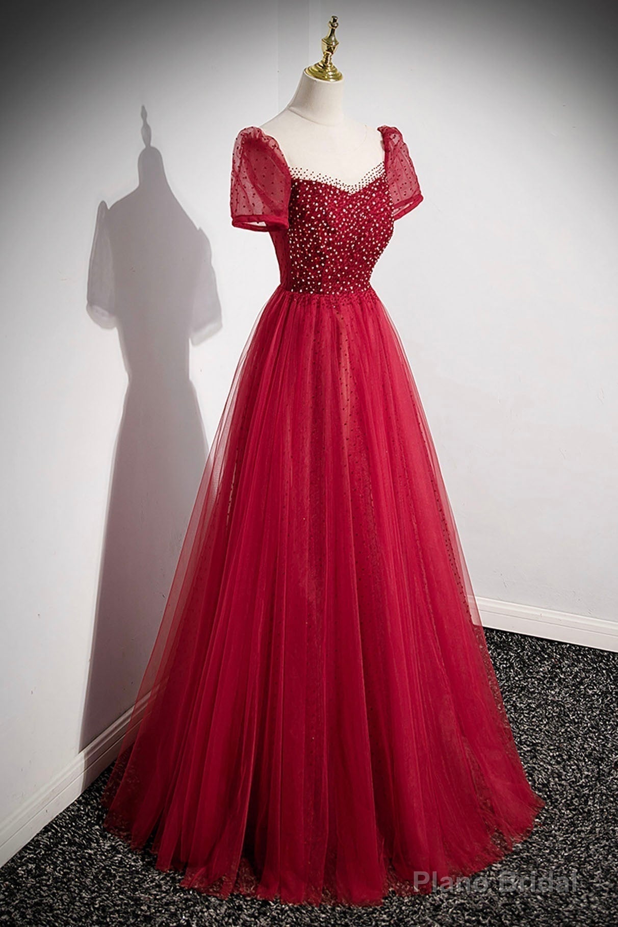 Red Scoop Neckline Tulle Formal Dress with Beaded, A-Line Short Sleeve Party Dress Main image