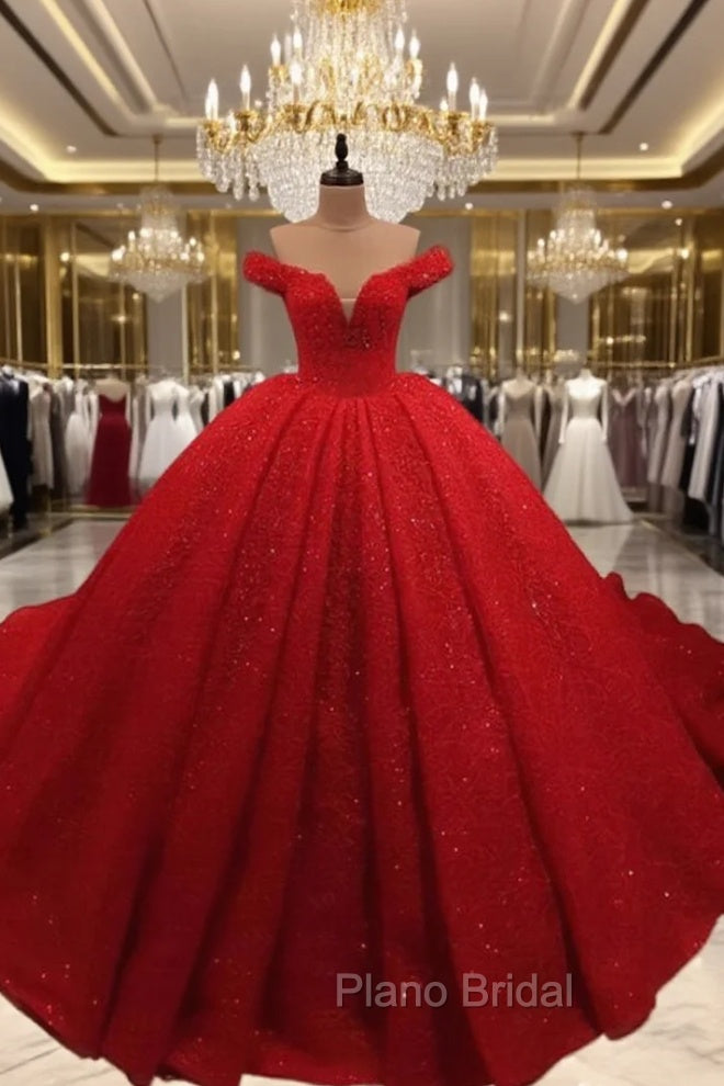 Red Sequin Lace Off Shoulder Ball Gown Main image