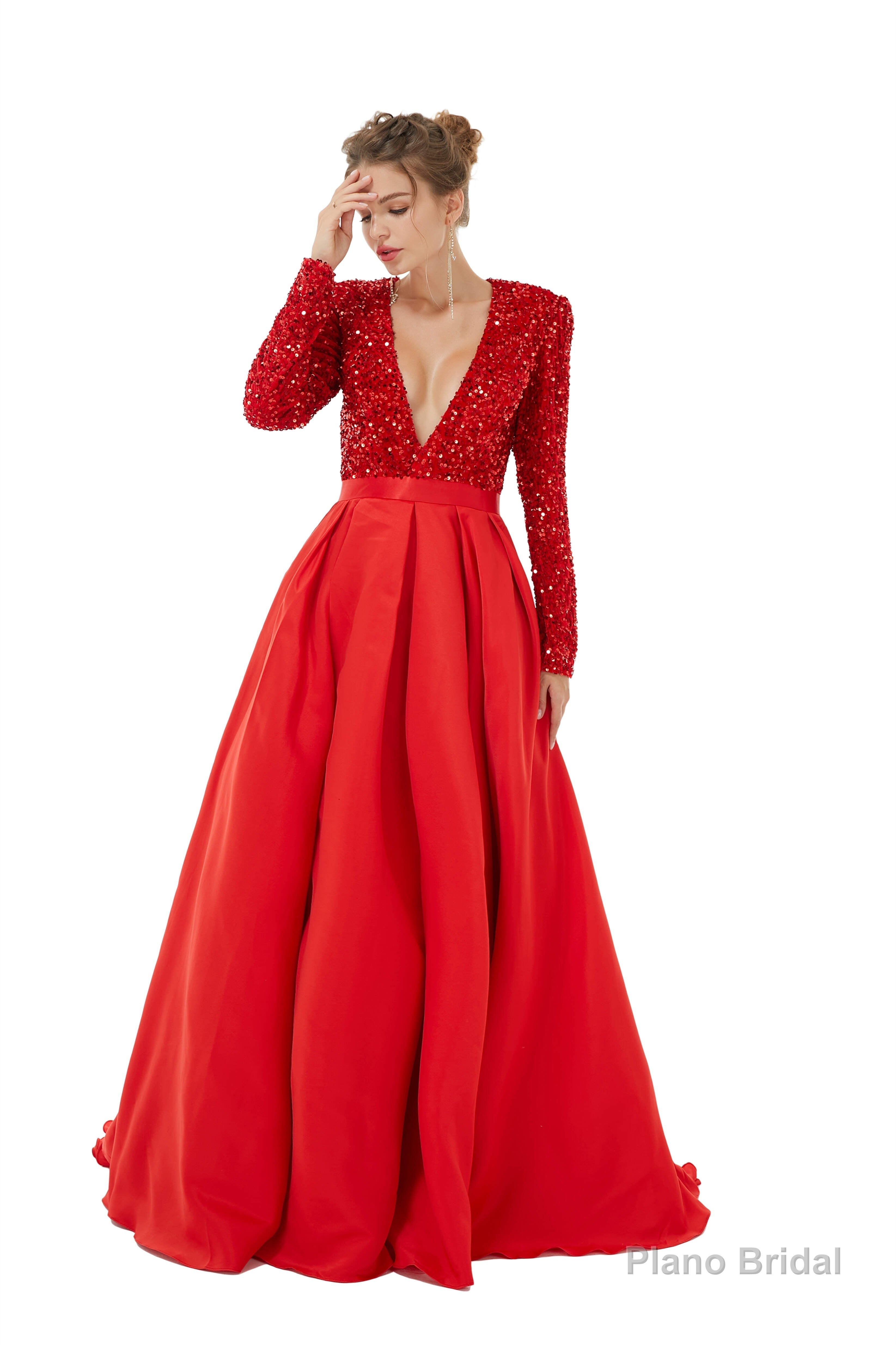 Sequined Satin A Line Front Slit V Neck Full Sleeve Sweep Train Long Prom Dresses