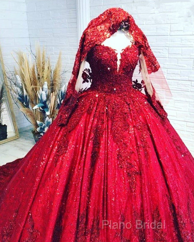 Red Sequins Lace Wedding Dresses Ball Gown Long Sleeves Secondary image
