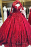 Red Sequins Lace Wedding Dresses Ball Gown Long Sleeves