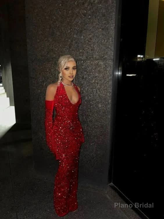 Red Sequins Long Prom Dress Sheath Deep V Neck Evening Dress Secondary image