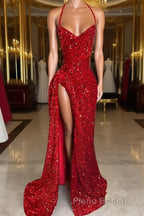 Red Sequins Formal Prom Dress High Slit Halter Sleeveless Sparkly Long Party Evening Dresses for Black Girls