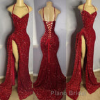 Red Sequins Formal Prom Dress High Slit Halter Sleeveless Sparkly Long Party Evening Dresses for Black Girls