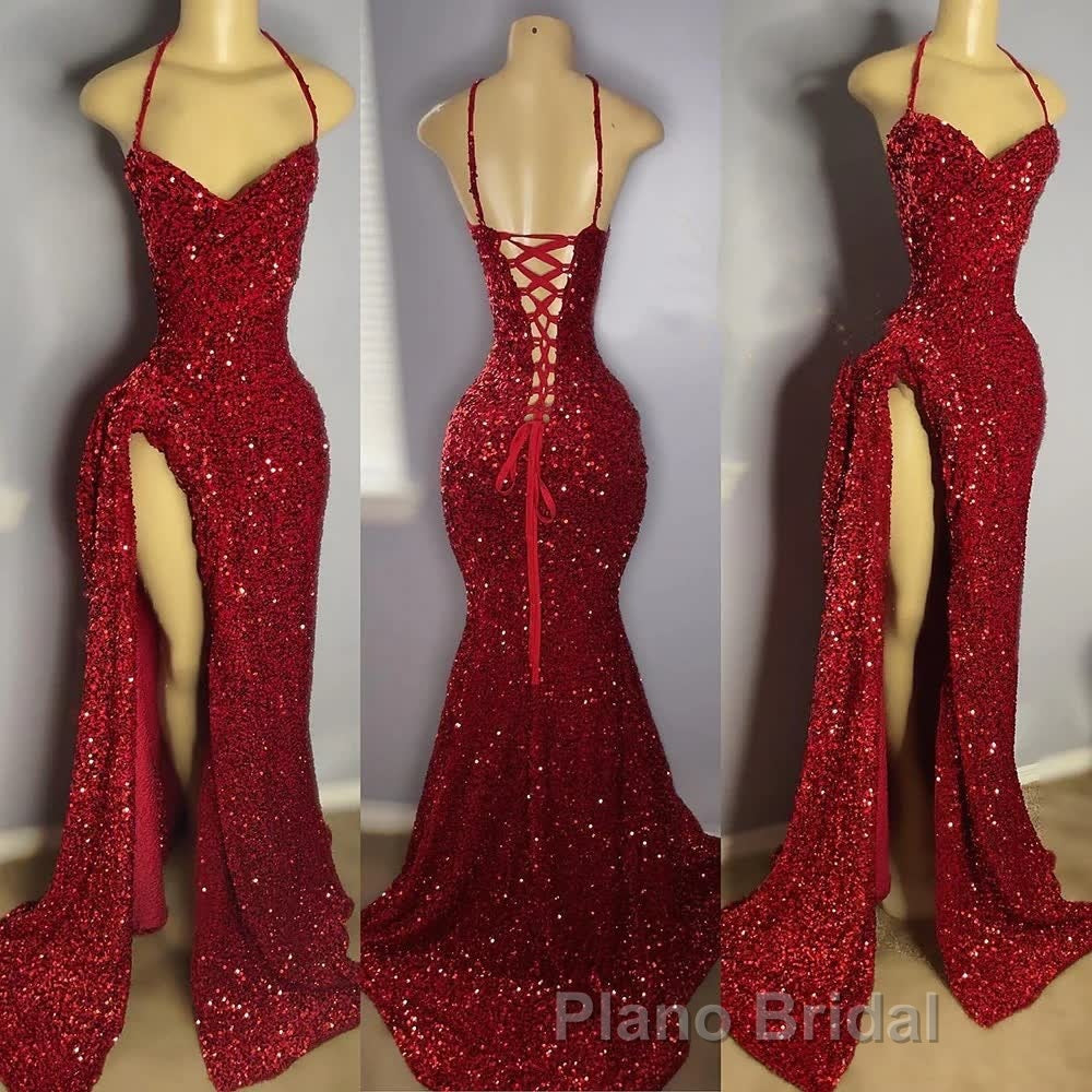 Red Sequins Formal Prom Dress High Slit Halter Sleeveless Sparkly Long Party Evening Dresses for Black Girls
