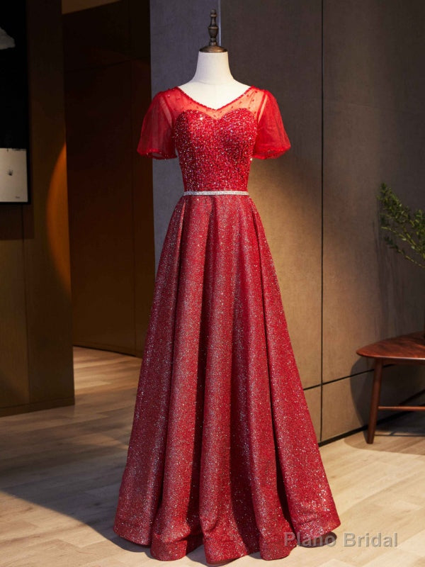 Red Sequins V-neck Short Sleeve Beading Prom Dress Main image