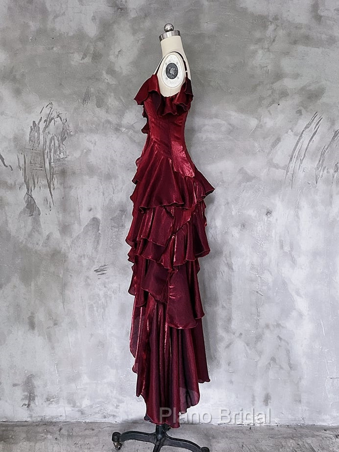 Red Shimmer Asymmetrical Layered Flounce Spaghetti Strap Dresses Evening Gown Secondary image