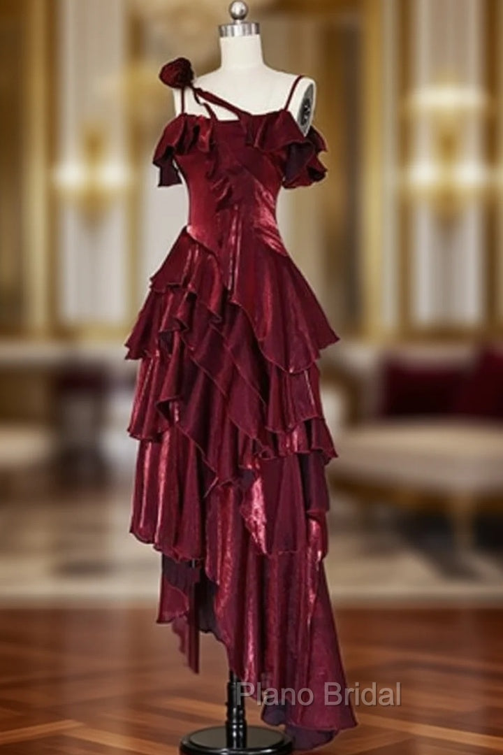 Red Shimmer Asymmetrical Layered Flounce Spaghetti Strap Dresses Evening Gown Main image