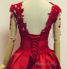 Red Short Sleeves Satin And Applique Homecoming Dresses, Red Short Formal Prom Dresses, Formal Dresses