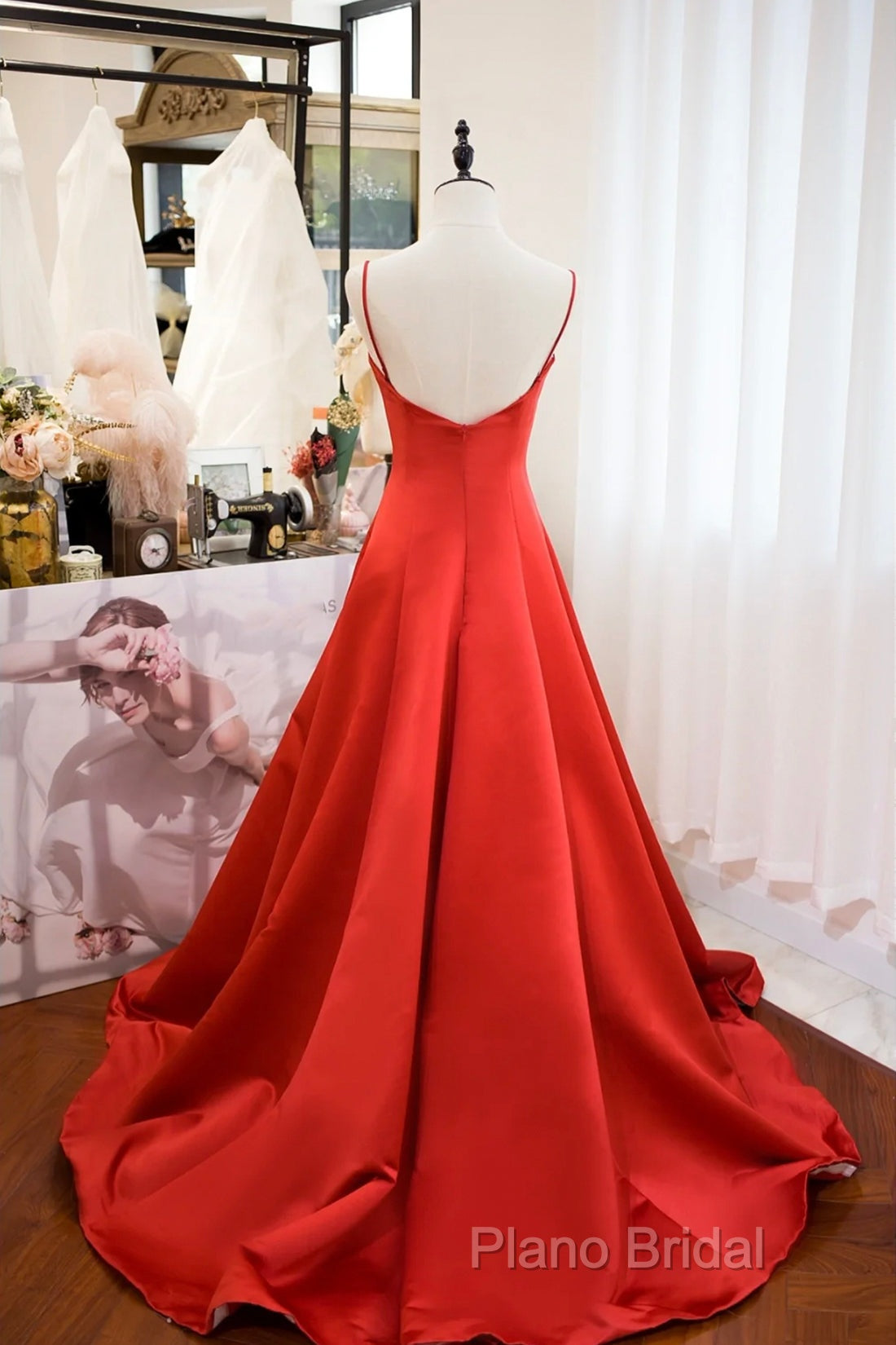 Red Spaghetti Strap Satin Long Formal Prom Dresses, Simple A-Line Formal Party Dresses