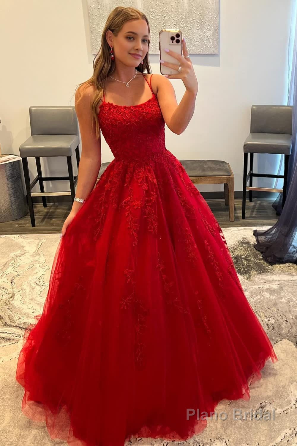 Red Spaghetti Straps Long Prom Dress with Appliques Main image