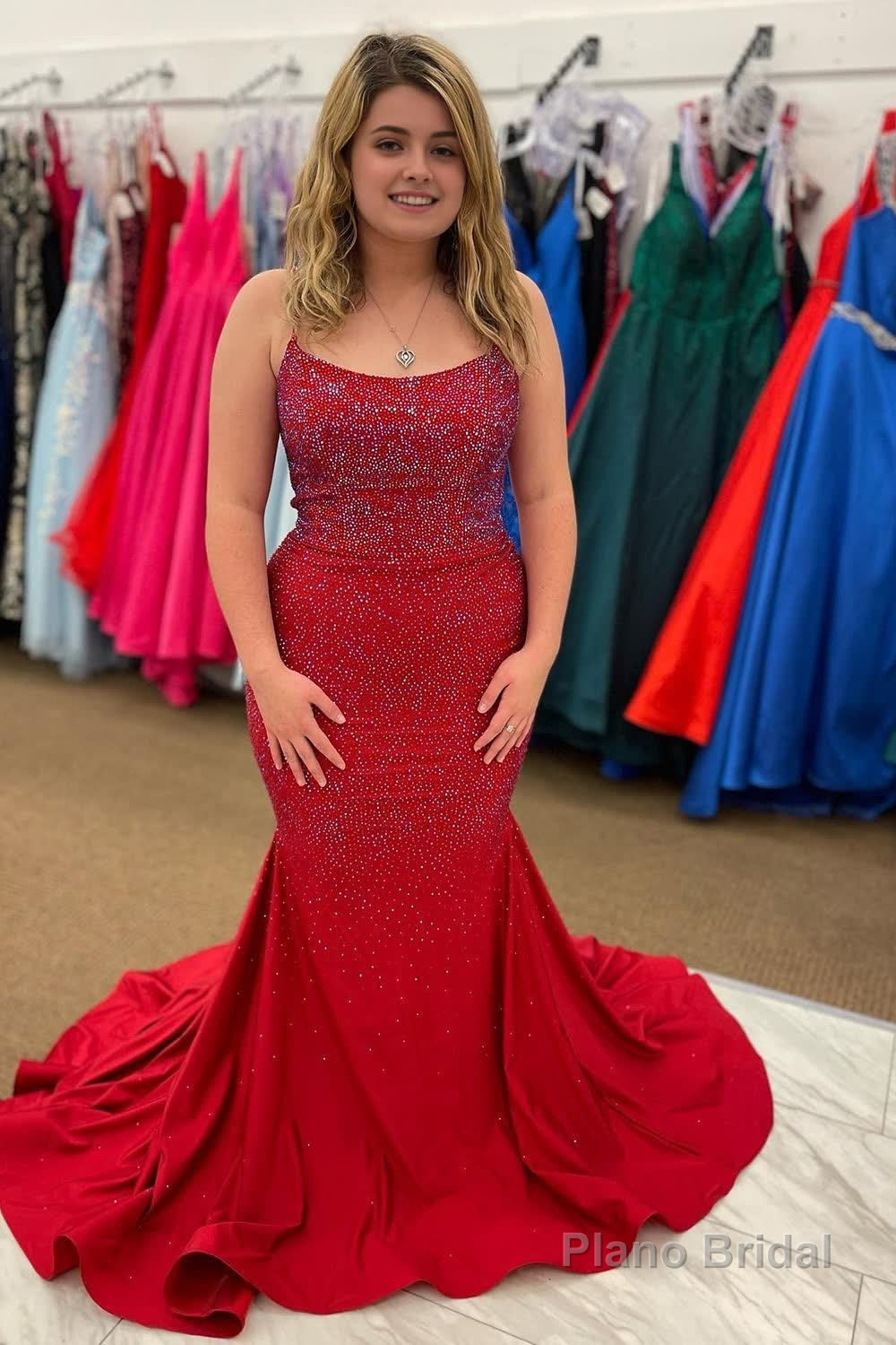 Red Spaghetti Straps Mermaid Beading Prom Dress Main image