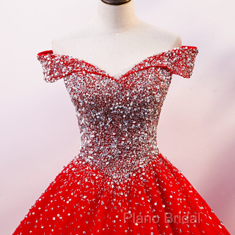 Red Sparkle Tulle Sweetheart Party Dresses, Shiny Sweet 16 Dresses
