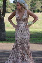 Red Sparkly Deep V Neck Sequin Mermaid Prom Dress