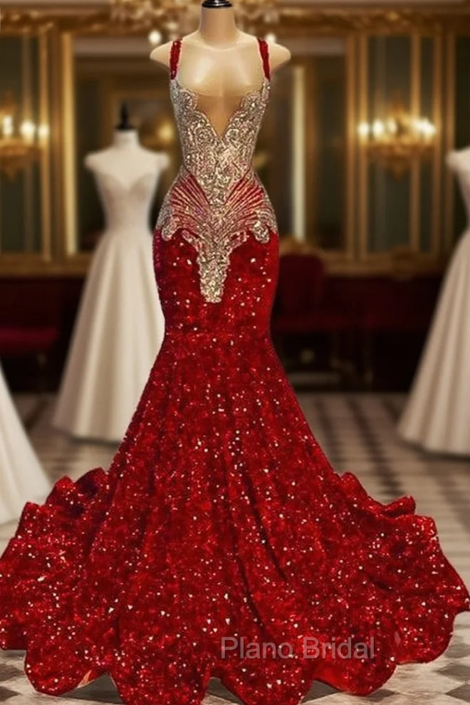 Red Square Mermaid Evening Dresses Beads Sequins Long Sleeveless Main image