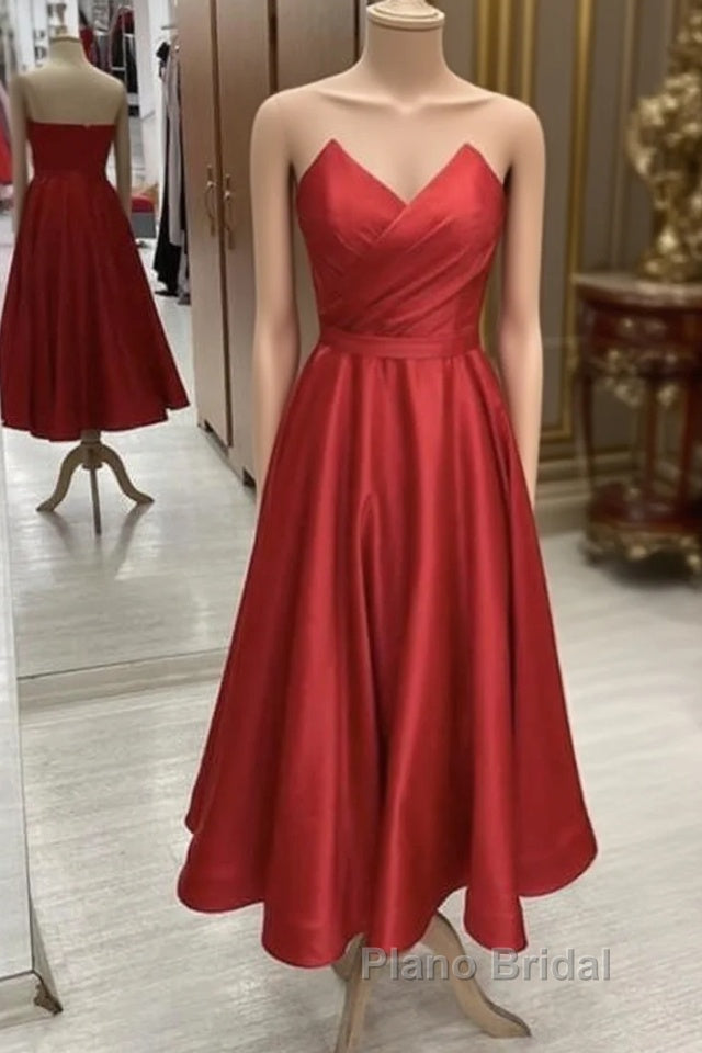 Red Strapless Midi Satin Dresses Main image