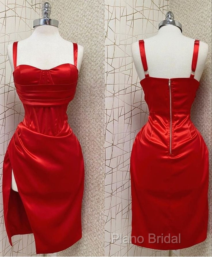 Red Sweetheart Neckline Slit Homecoming Dresses Midi Formal Prom Dresses