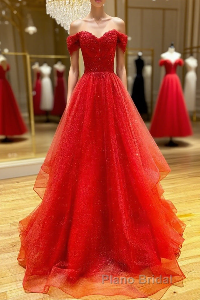 Red sweetheart off shoulder tulle long Formal Prom dress tulle formal dress