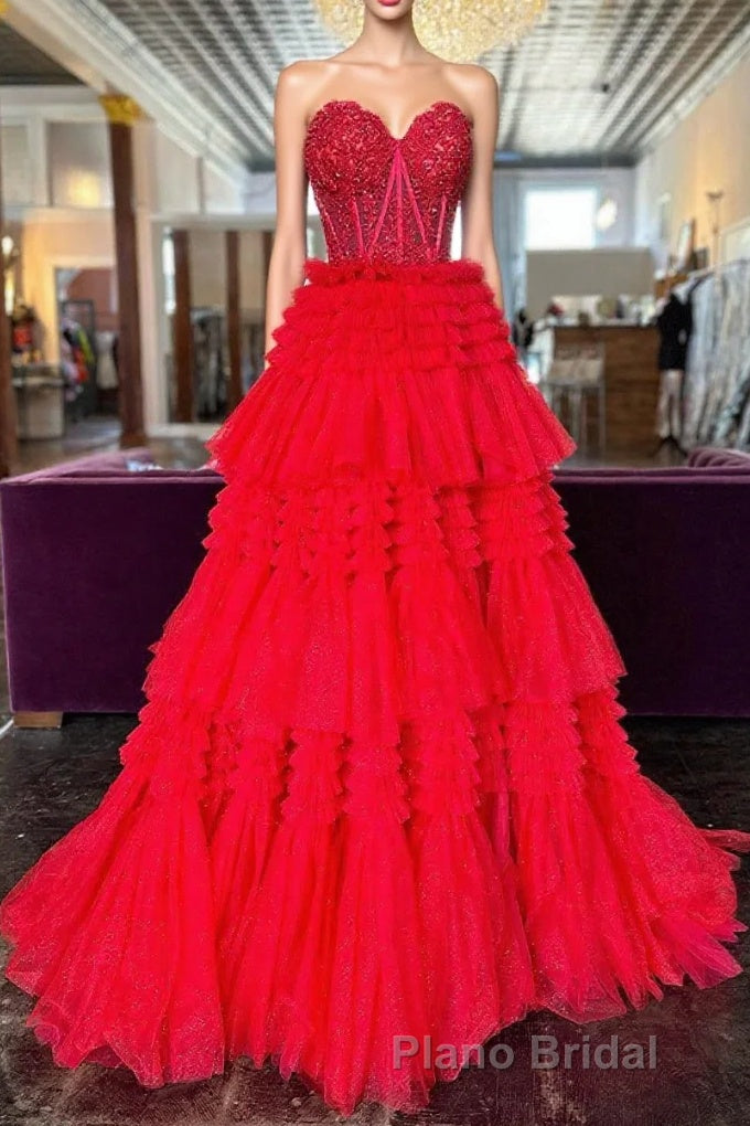 Red Sweetheart Sequins Top Multi-Layers Long Formal Prom Dresses,Tiered Prom Dresses Main image