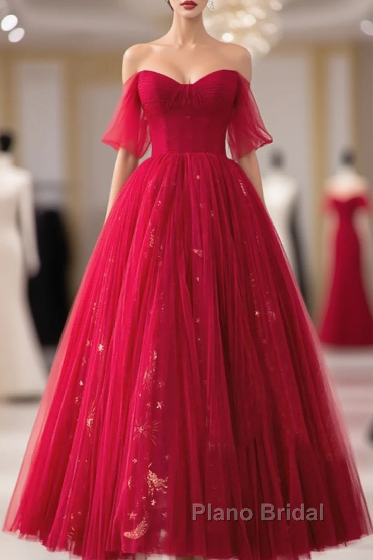 Red Sweetheart Tulle Long Formal Dresses, Red Off Shoulder Party Dresses Formal Prom Dresses Main image