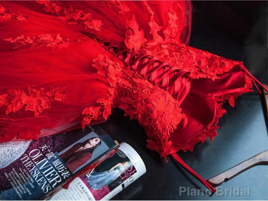 Red Sweetheart Tulle with Applique Party Dress , Tulle Formal Gowns