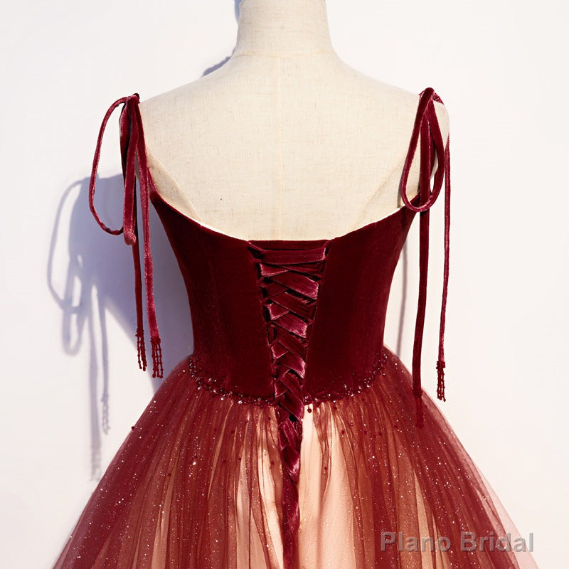 Red Sweetheart Velvet and Tulle Straps Long Party Dress, Gradient Tulle A-line Prom Dress