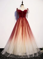 Red Sweetheart Velvet and Tulle Straps Long Party Dress, Gradient Tulle A-line Prom Dress