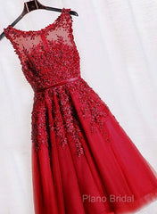 Red Tea Length Round Homecoming Dresses, Lace Applique Red Party Dresses, Vintage Style Formal Prom Dresses