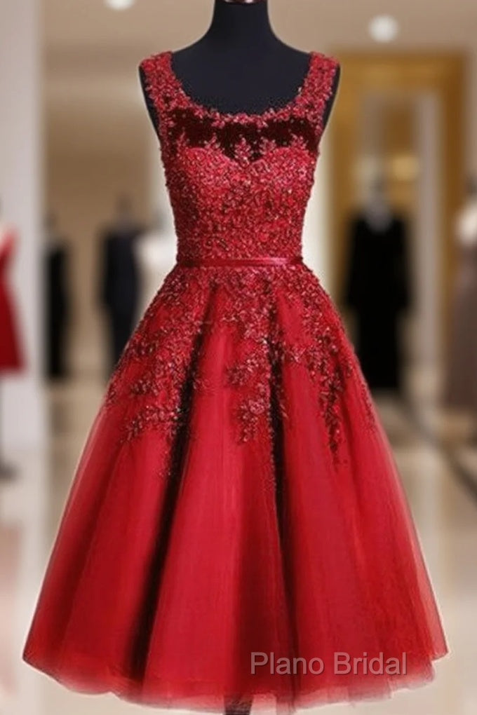 Red Tea Length Round Homecoming Dresses, Lace Applique Red Party Dresses, Vintage Style Formal Prom Dresses Main image