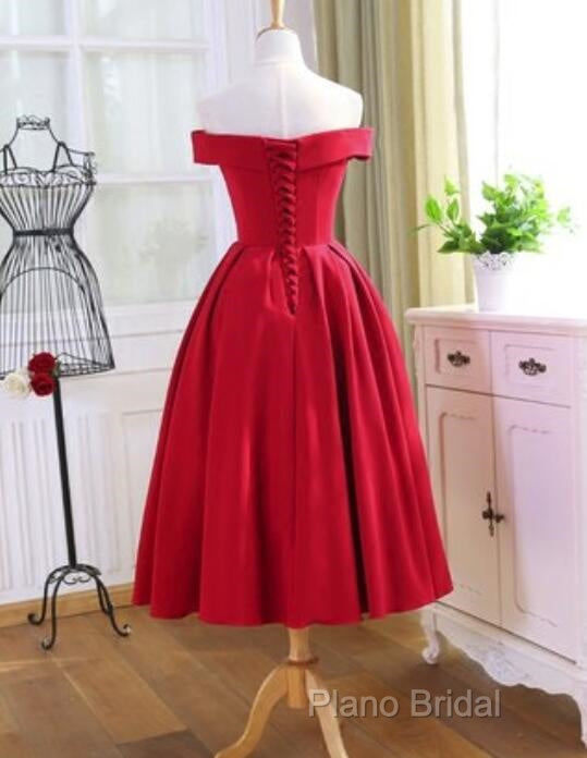 Red Tea Length Vintage Style Wedding Party Dresses, Off Shoulder Formal Dresses, Red Party Dresses Secondary image