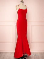 Red Thin Straps Mermaid Backless Long Formal Prom Dresses, Red Mermaid Formal Dresses, Red Evening Dresses
