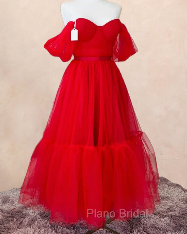 Red Tulle Ankle Length Ruffle Dresses