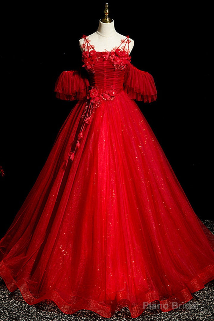 Red Tulle Ball Gown Off Shoulder Sweet 16 Formal Dresses, Red Evening Gown Party Dress