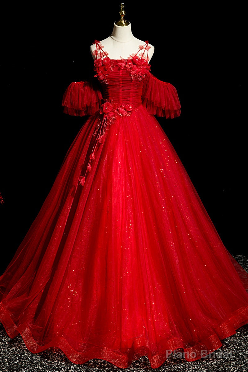 Red Tulle Ball Gown Off Shoulder Sweet 16 Formal Dresses, Red Evening Gown Party Dress