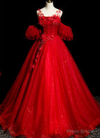 Red Tulle Ball Gown Off Shoulder Sweet 16 Formal Dresses, Red Evening Gown Party Dress