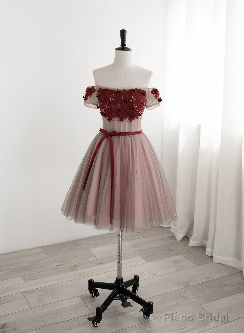 Red Tulle Beaded and Lace Short Party Dresses, Off Shoulder Prom Dresses Main image